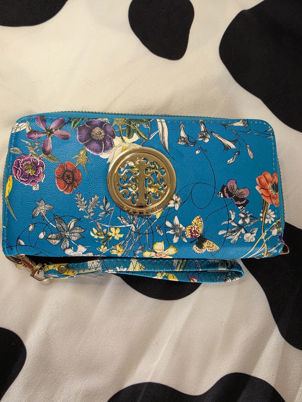 Tory Burch Turquoise Floral Wristlet with Gold Logo